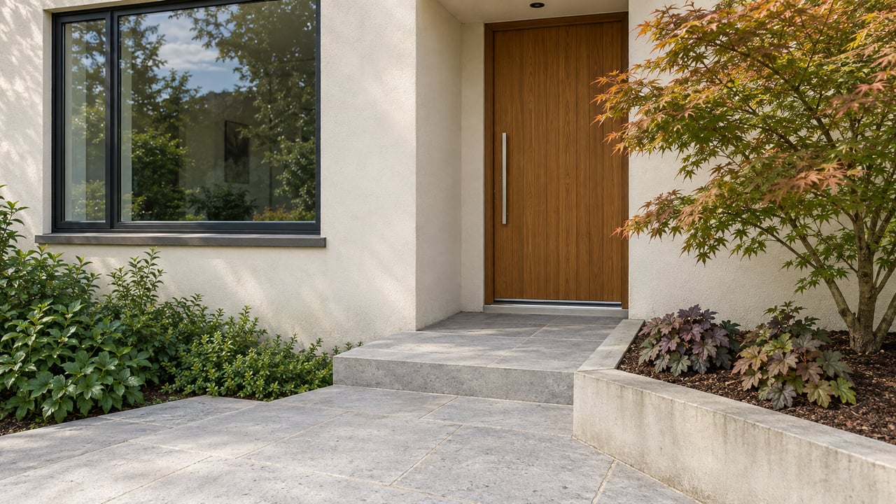 Contemporary home entry with warm-white stucco, a closed oak door, large dark-framed window and limestone approach beside a Japanese maple.