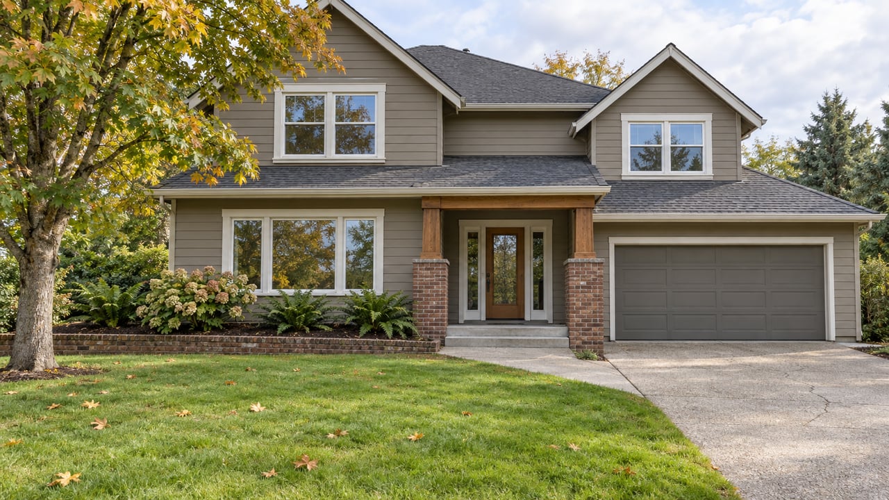 Taupe two-story gabled home beyond a deep autumn lawn, with a brick-supported porch, concrete driveway and broad maple canopy.