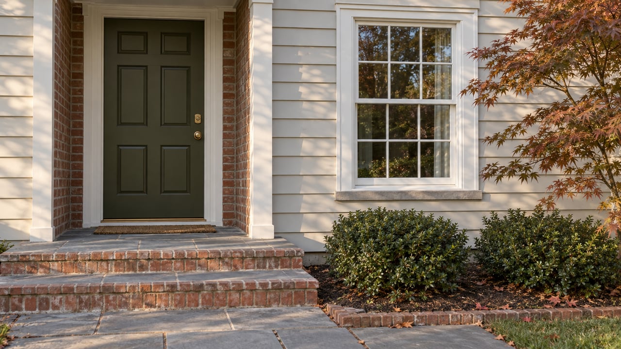 Dark olive six-panel front door beside a white-muntined window, brick steps, and a small Japanese maple.