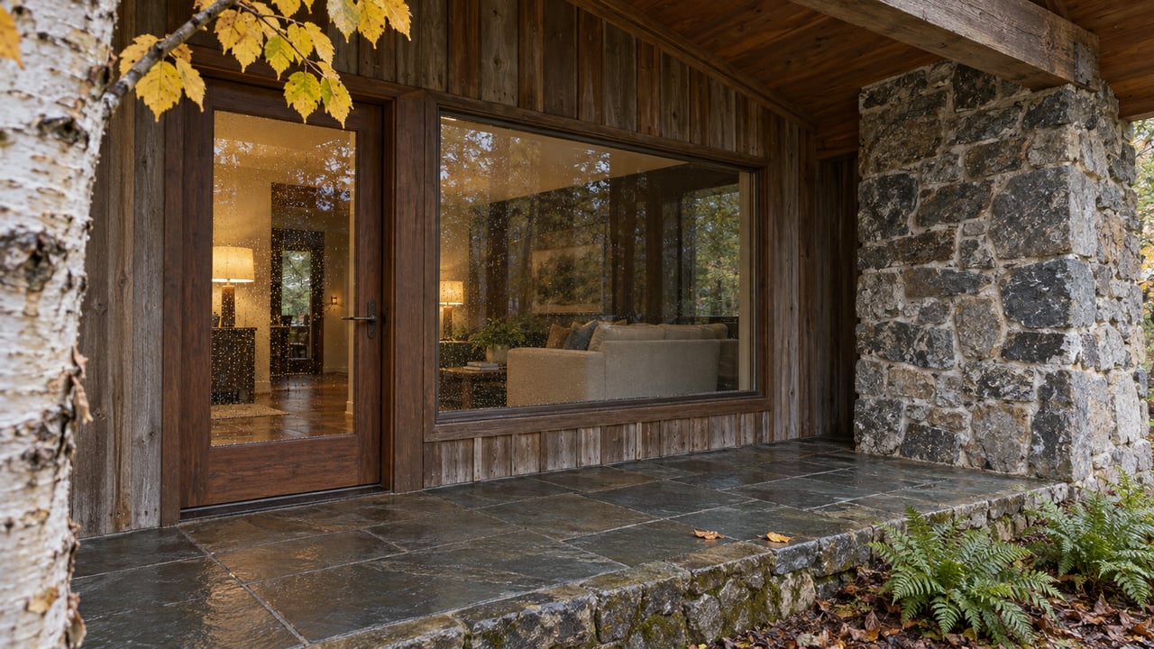 Covered timber porch with a glazed wood entry, broad picture window, weathered cedar siding, fieldstone chimney, and slate paving beside a paper birch.