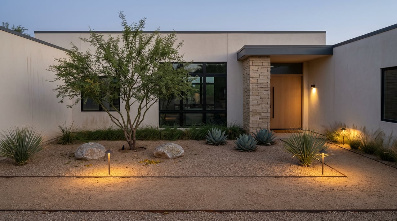 Xeriscape garden with a multi-trunk tree, agaves, gravel path lights, and a warm-lit modern home entry at dusk.