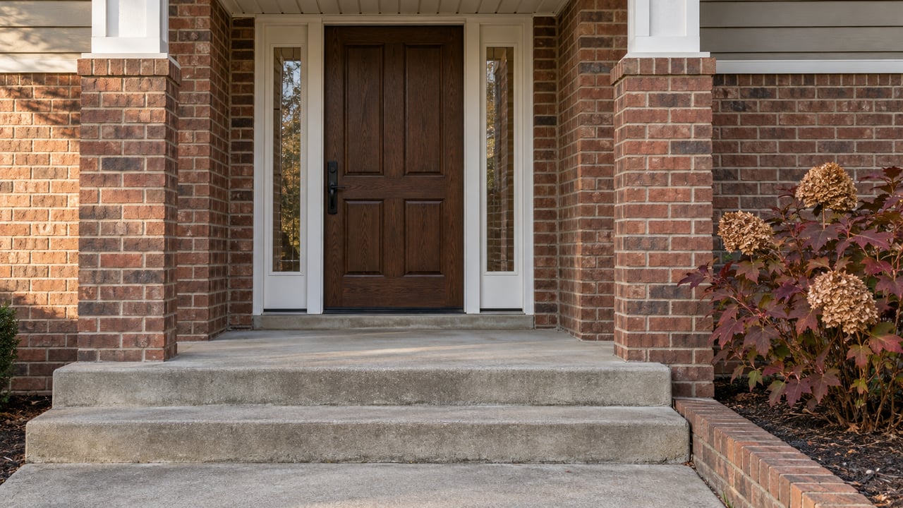 Brick home entrance with a dark oak door, paired white-trimmed sidelights, worn concrete steps and bronze oakleaf hydrangea foliage.