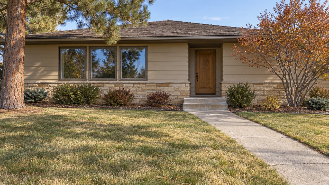 A tan single-story home with sandstone trim, a broad autumn lawn, and a concrete walk leading to a recessed wood front door.