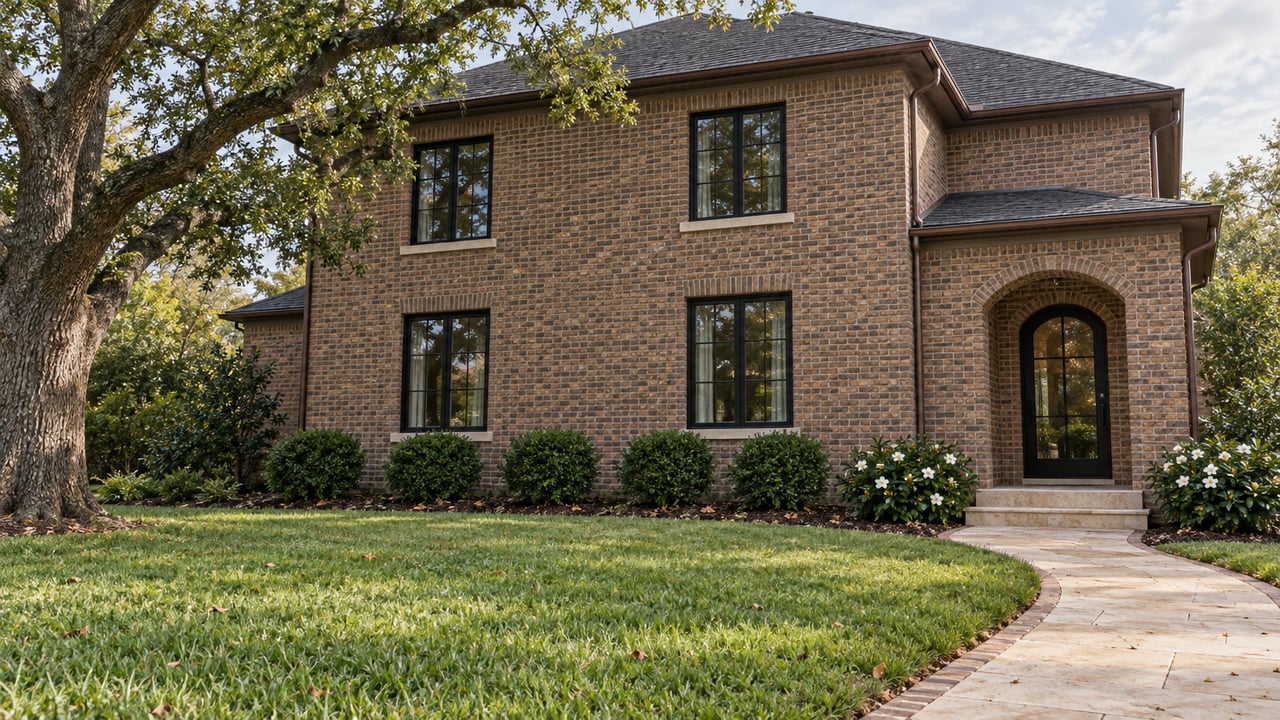 Established two-story brick home behind a deep lawn, with a spreading live oak, limestone approach and white gardenia flowers.