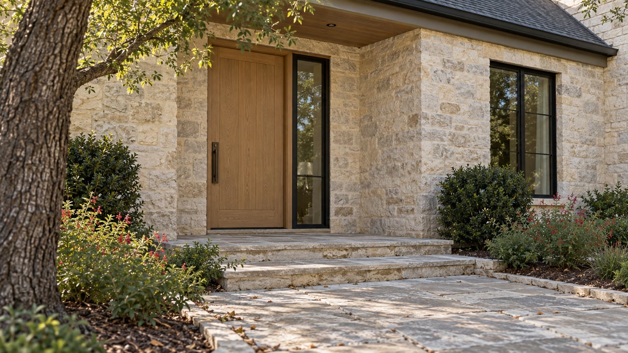 Limestone entry with recessed oak door, flagstone steps, and a mature oak shading red-flowered sage.