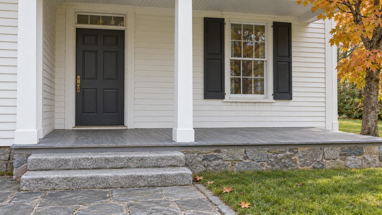 White clapboard home entry with a charcoal door, black shutters, weathered gray porch boards, granite steps, and orange sugar maple foliage.