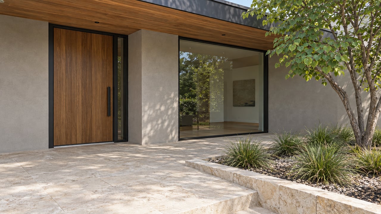 Contemporary home's sheltered cedar entry and dark-framed glazing above a limestone terrace, edged with a redbud and sedges.