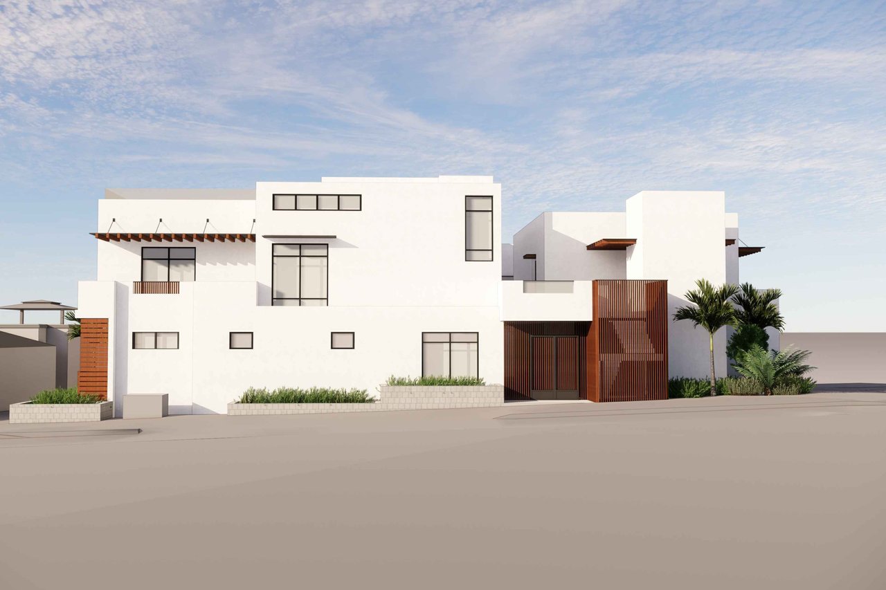 Modern white multi-story house with large windows, wood screens, and landscaped planters.