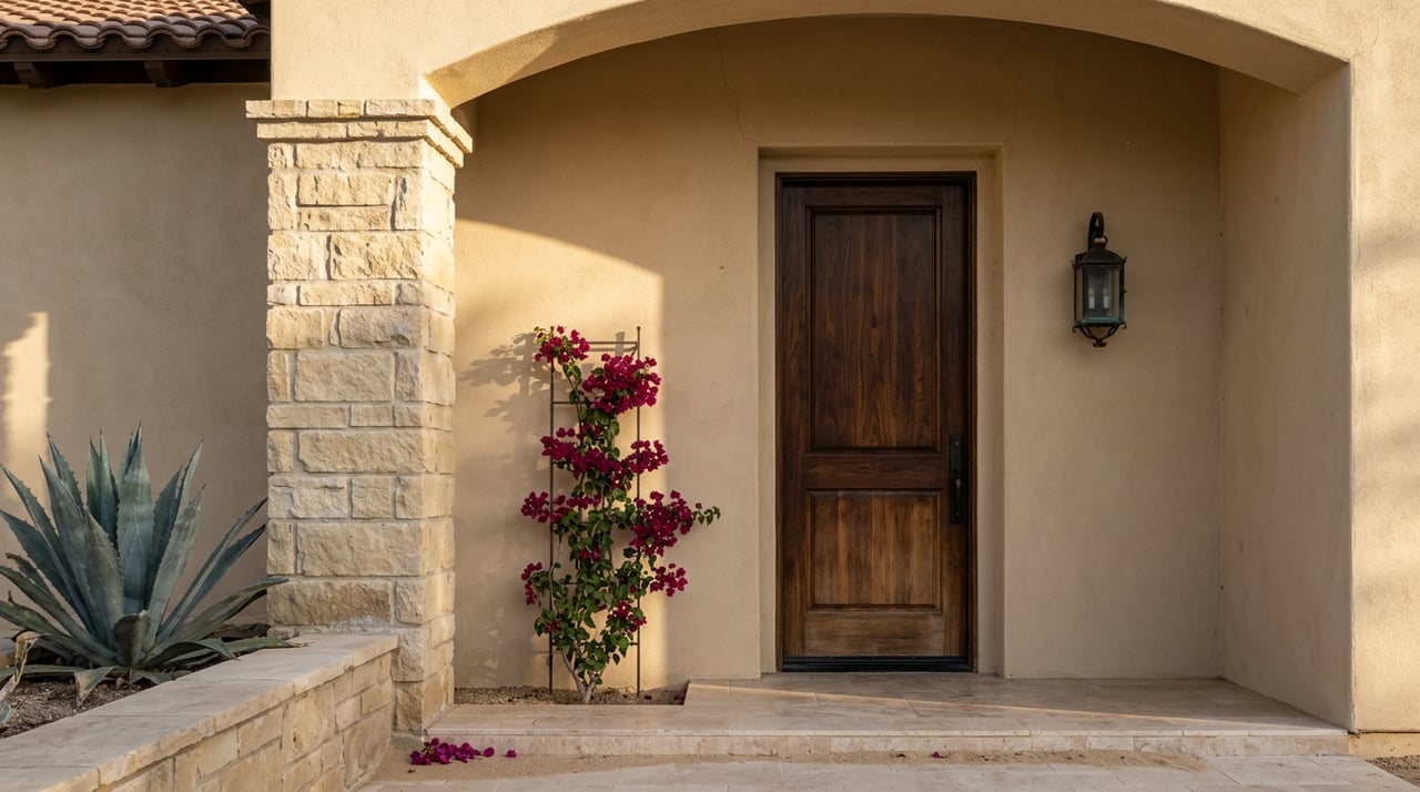 Walnut doorway framed by limestone and stucco, with agave and magenta bougainvillea in raking sunlight.