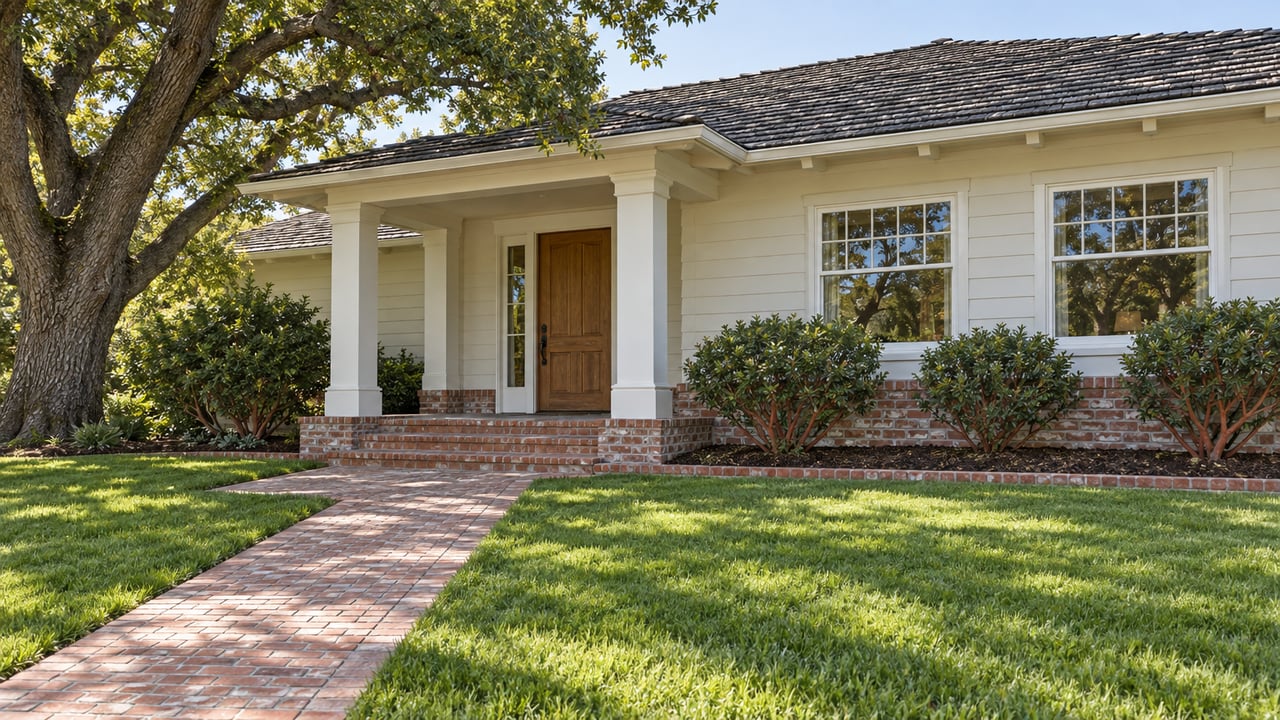 Spacious front lawn and brick approach leading to an ivory wood-sided home with a cedar-shingle roof and mature oak.