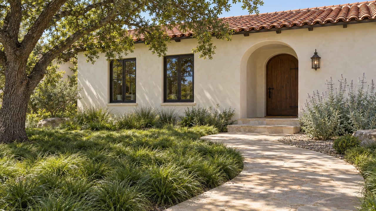 Cream stucco home with a clay tile roof and recessed arched oak entrance, viewed across a deep green garden beneath a mature oak.