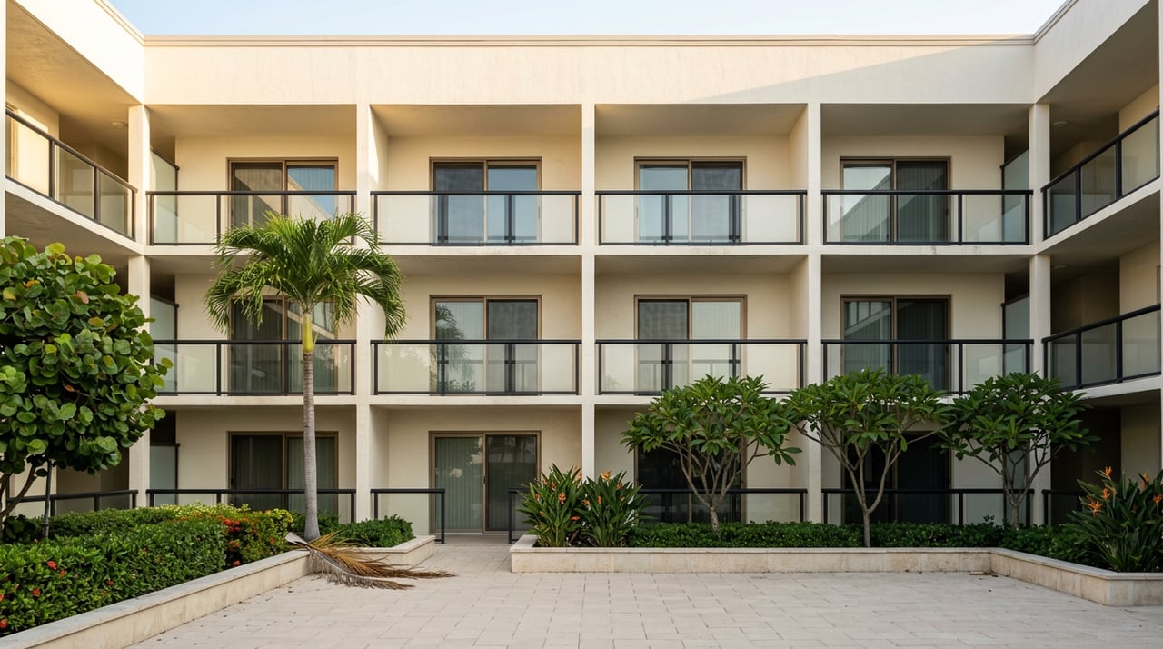 Ivory mid-rise facade with three rows of recessed glass-fronted balconies overlooking a landscaped courtyard.