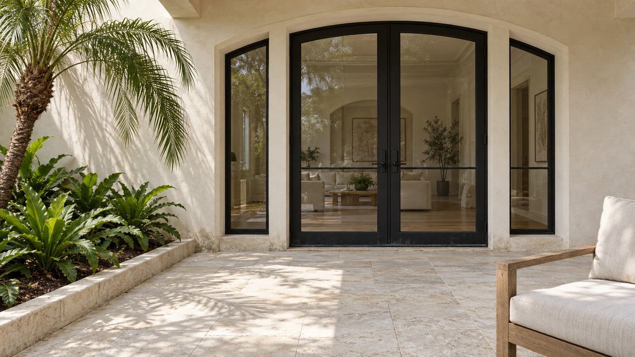 Cream stucco courtyard with an arched black-framed glass doorway, pale limestone terrace, a weathered oak chair and a single curved palm.