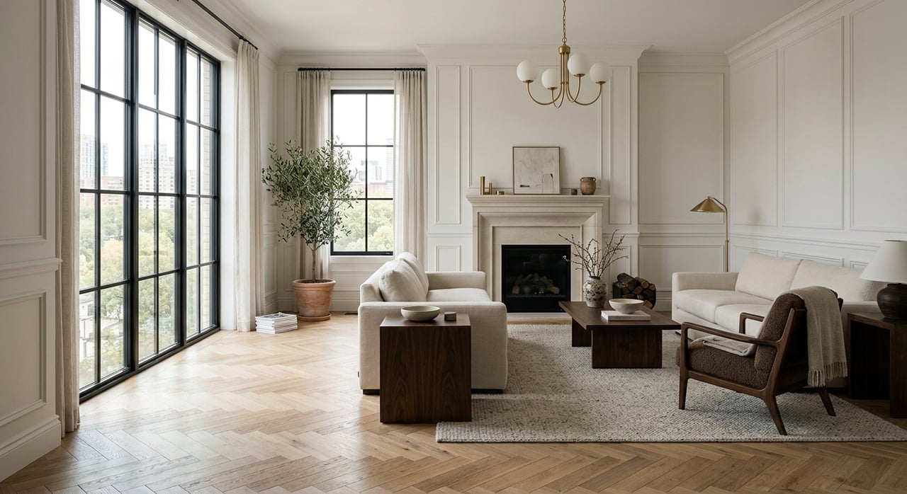 Condo living room with cream sofa, limestone fireplace, herringbone floor, and tall black-mullioned window.
