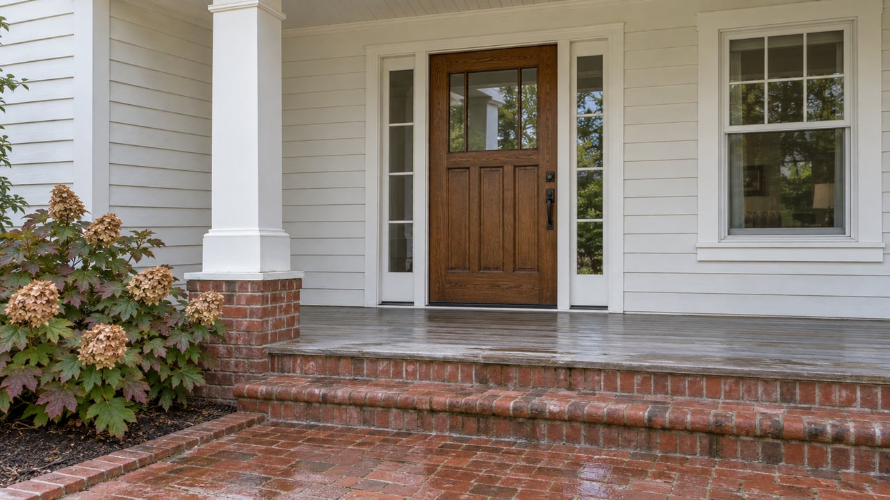 White clapboard porch with an oak entry door, silvered cedar decking, worn brick steps and an oakleaf hydrangea after rain.