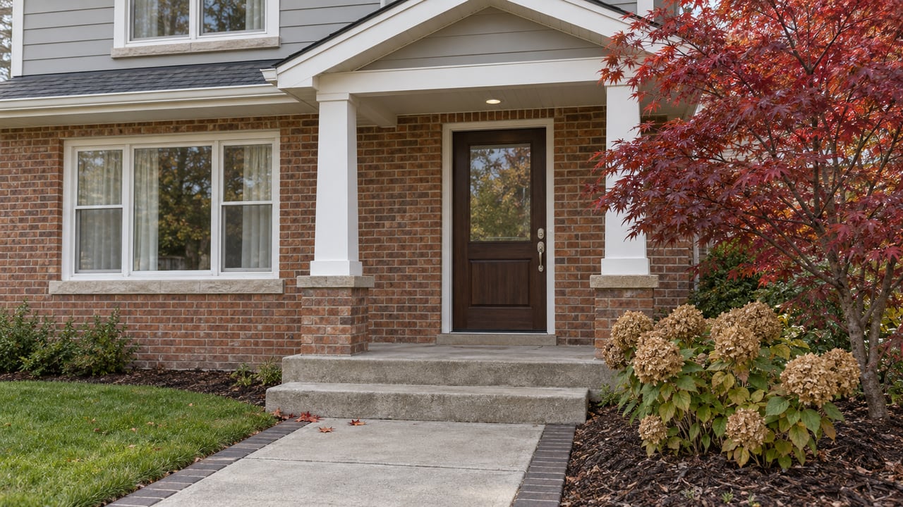 Brick-and-siding home entry with an oak door, white porch trim, concrete steps, and red autumn maple leaves.