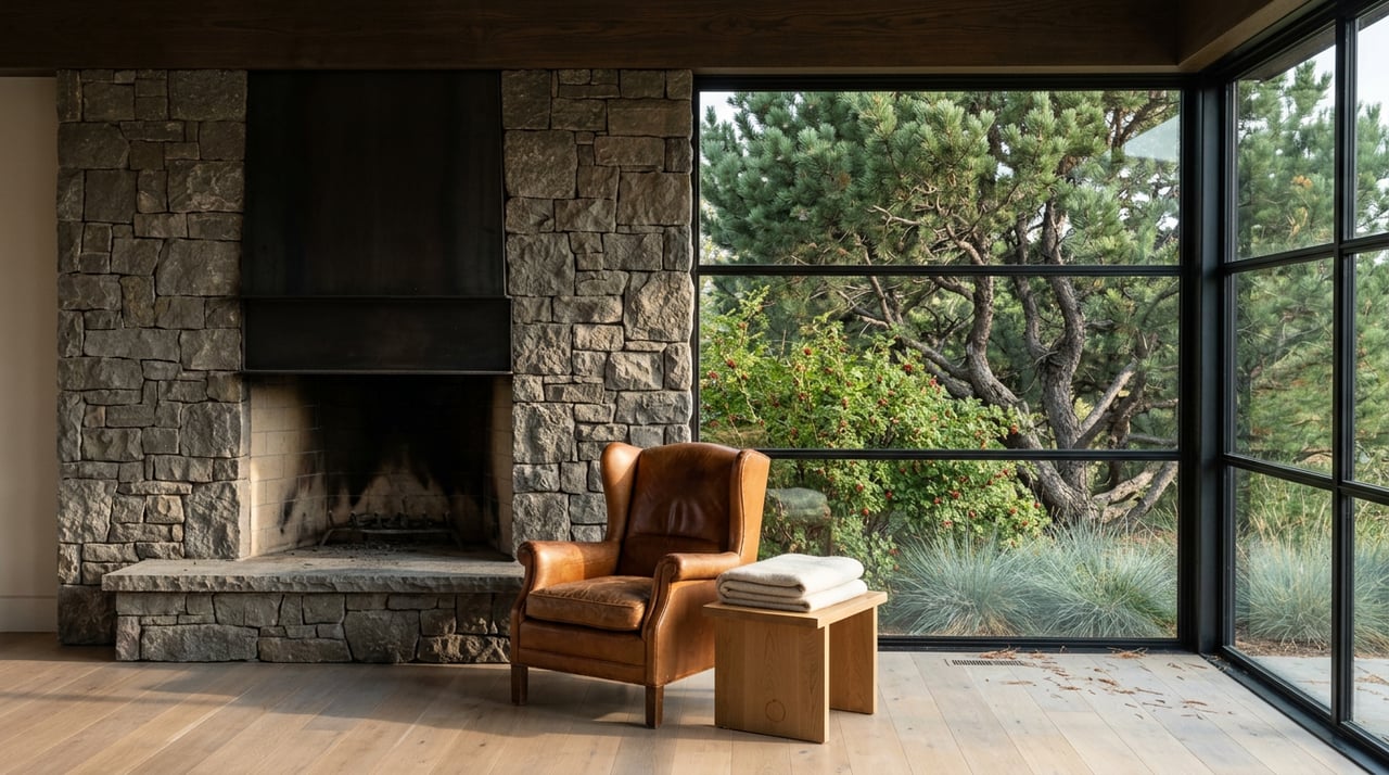 Fieldstone fireplace beside a corner window overlooking a sculptural pine, red-berried shrub, and blue-green grasses.