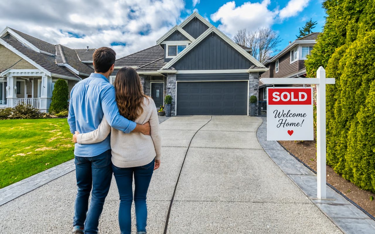 Couple embraces in front of a gray house with a SOLD, Welcome Home sign.