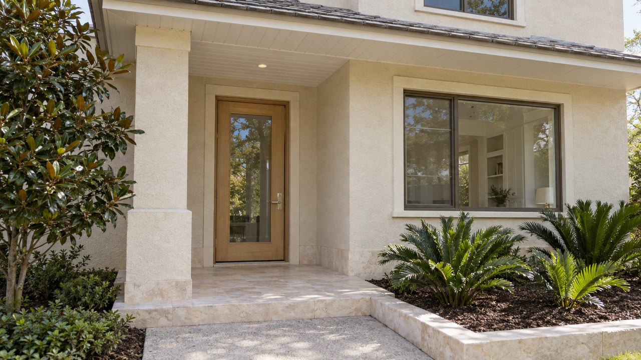 Home entrance with a wood-and-glass door, stone steps, and landscaped shrubs and palms.