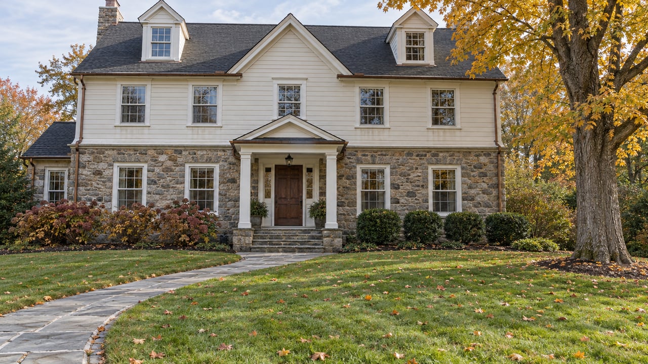 Fieldstone and ivory-clapboard home across a broad autumn lawn, with a bluestone approach and golden maple.