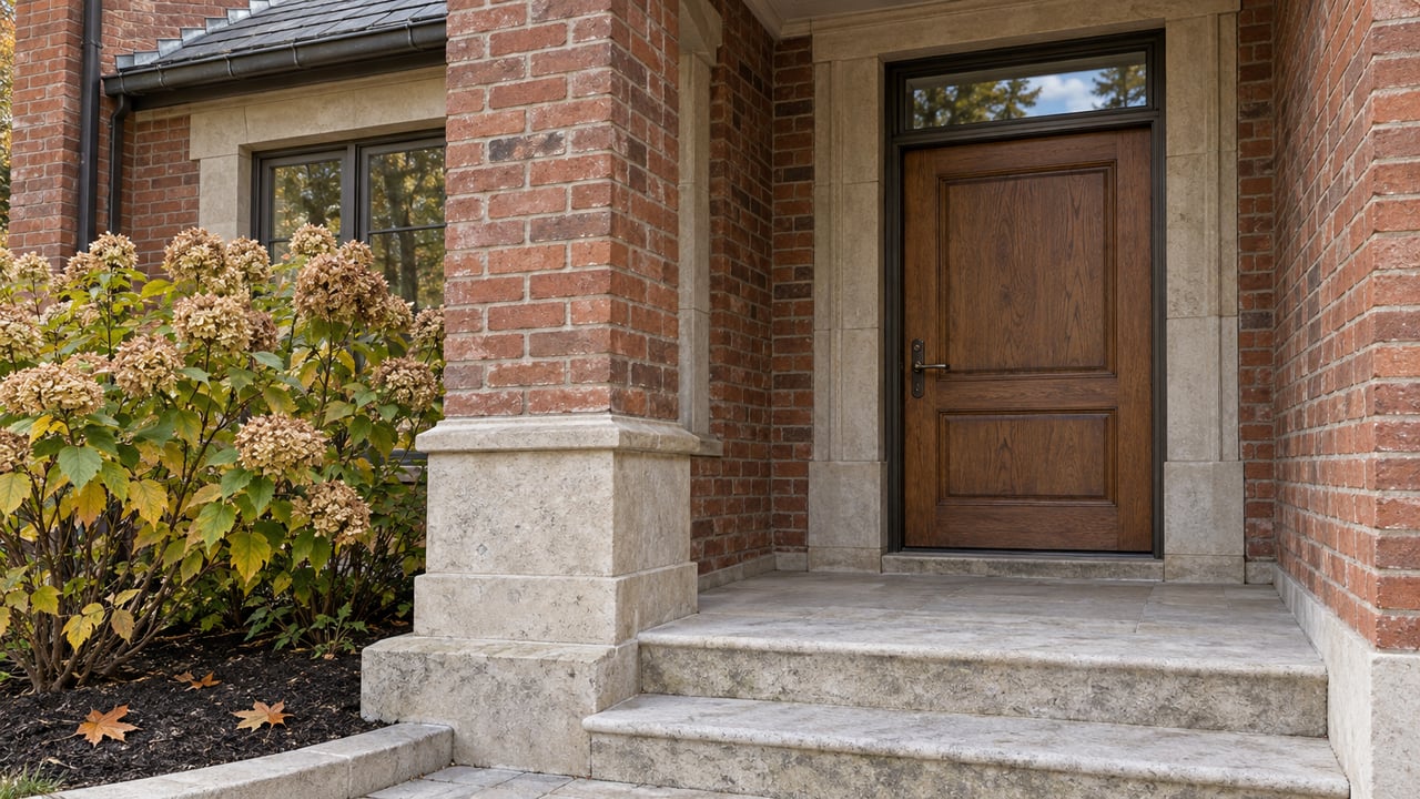 Close view of a brick home's recessed oak front door, weathered limestone steps and a hydrangea with drying autumn flowers.