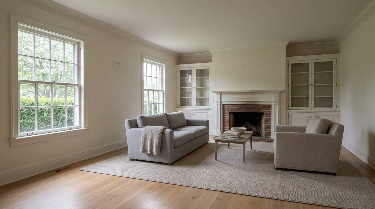 Formal living room with a red-brown brick fireplace, white built-in bookcases, gray seating, and multi-pane windows.