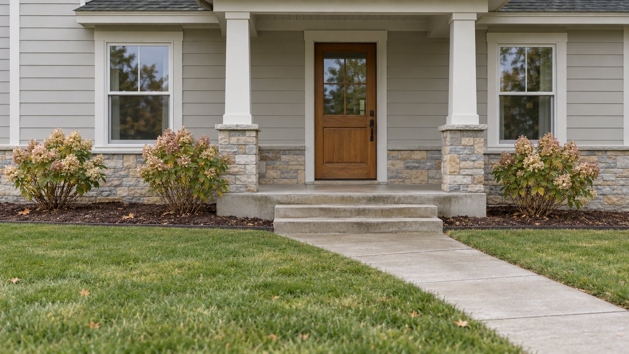 Pale clapboard home with a warm wood entry door, limestone foundation, covered porch and faded hydrangea blooms beyond a deep front lawn.
