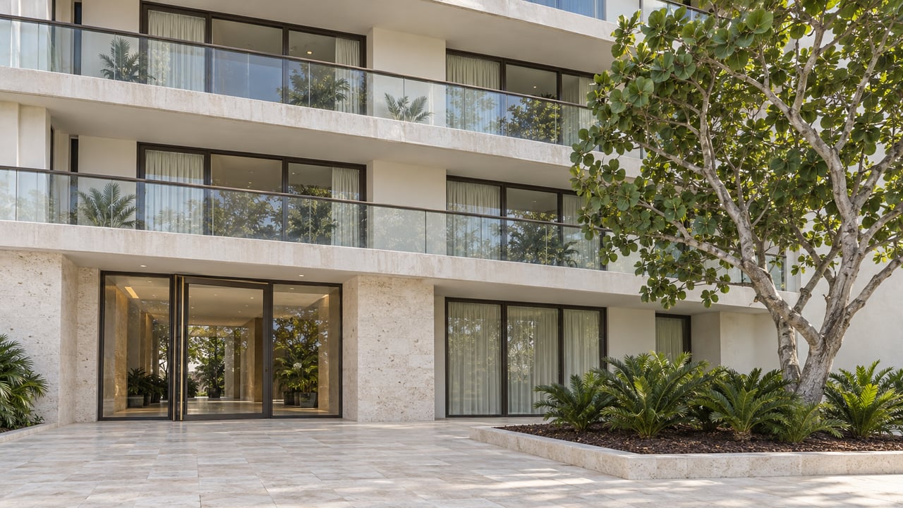 Contemporary condominium entrance with white balcony slabs, bronze-framed glass and a specimen sea grape tree beside a limestone approach.