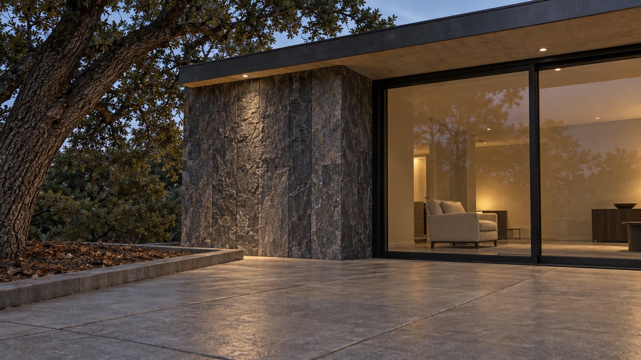 Evening light on a charcoal stone pier and black-framed glass door beside an oak tree and concrete terrace.