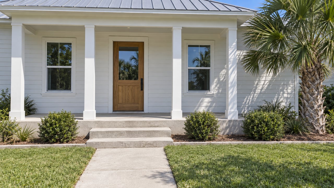 Sunlit white home with a shallow covered porch, oak front door, concrete steps and a mature palm beside the entry.