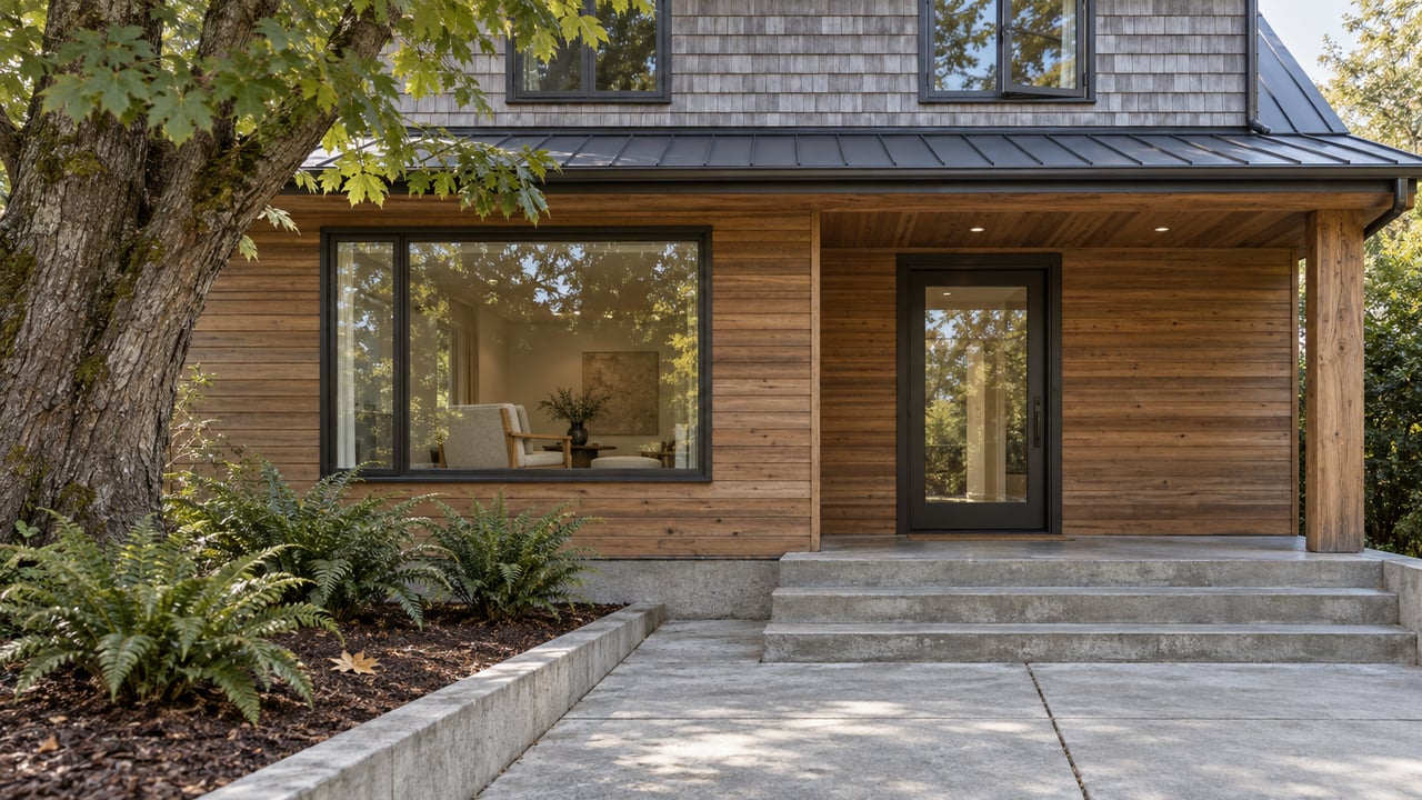 Weathered cedar cottage with bronze-framed windows, a sheltered concrete porch and a maple beside a fern bed.
