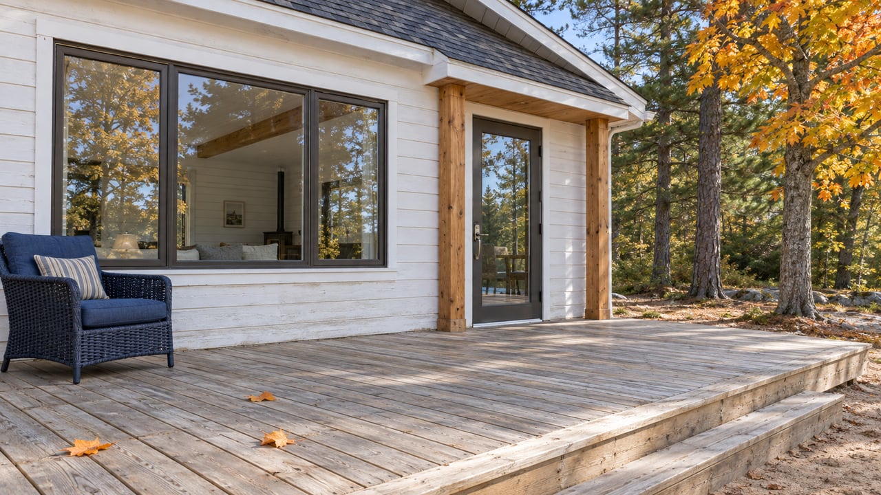 White wood cottage with a weathered cedar deck, closed glass entry and gold maple foliage in autumn light.