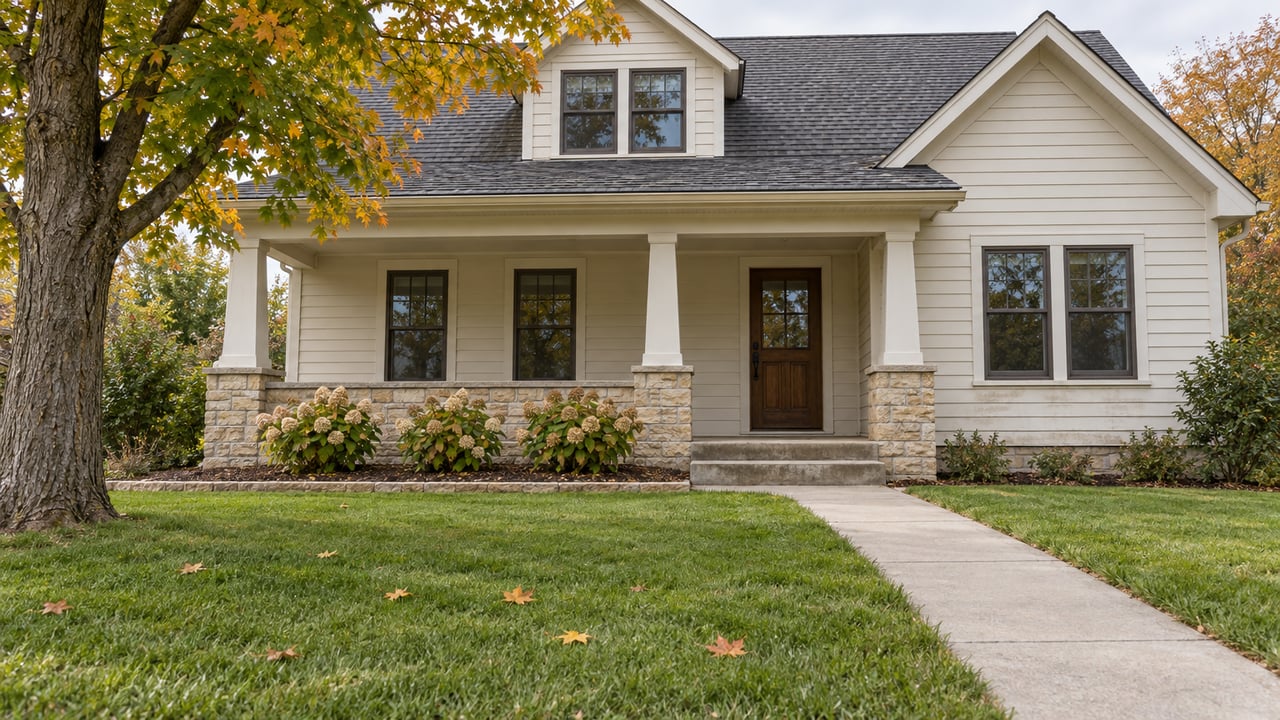 A cream-sided home with a limestone porch base and dark gabled roof beyond a deep autumn lawn, with a maple tree at the left.