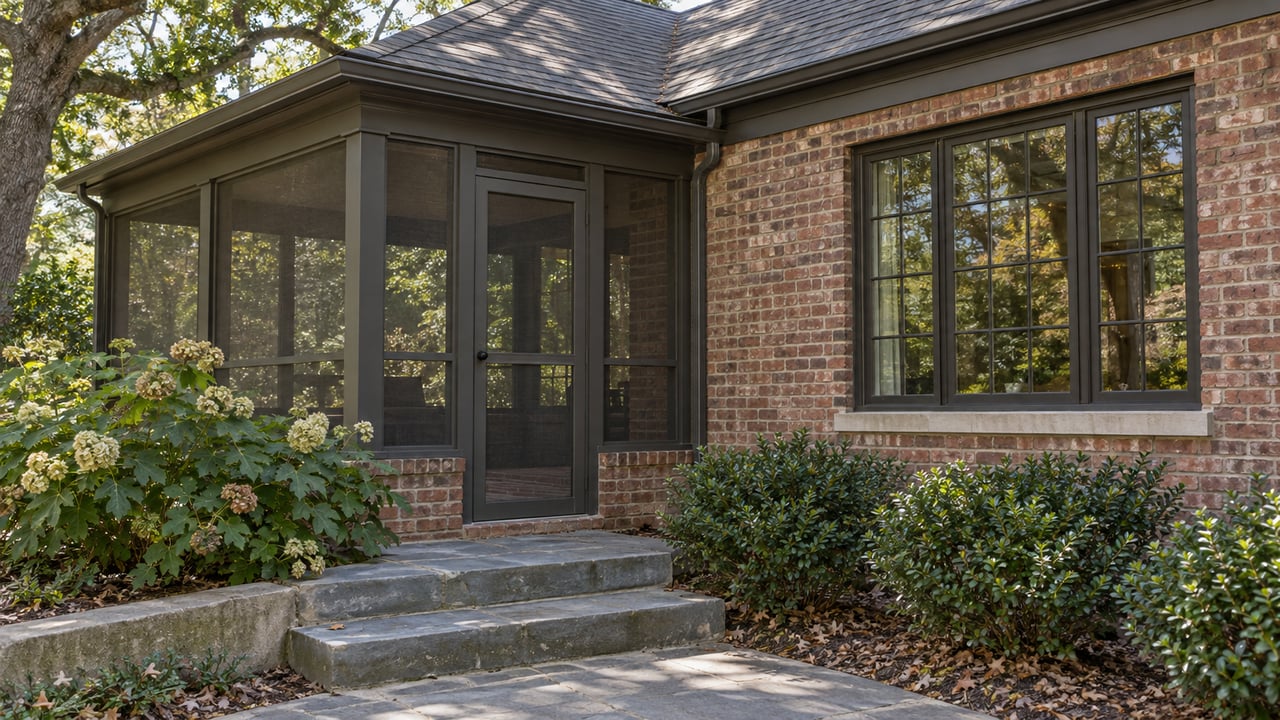 Brick house corner with a screened porch, gridded window, and bluestone steps beneath oak branches.