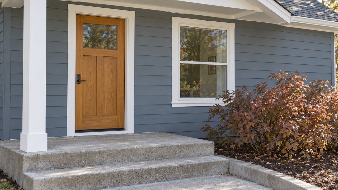 Close view of a gray-blue sided home with a timber front door, covered concrete steps and a copper-leaved ninebark shrub.