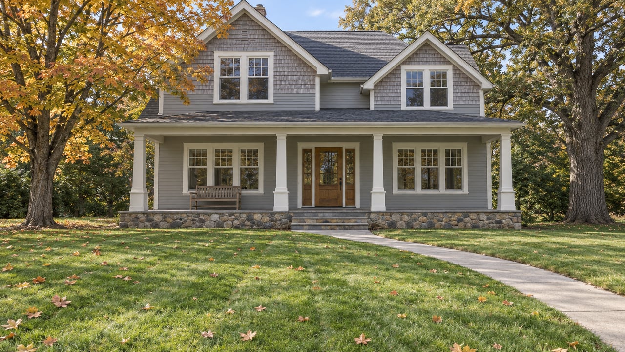 Gray gabled home with a covered stone porch beyond a deep lawn, framed by mature maple and oak trees in early autumn.