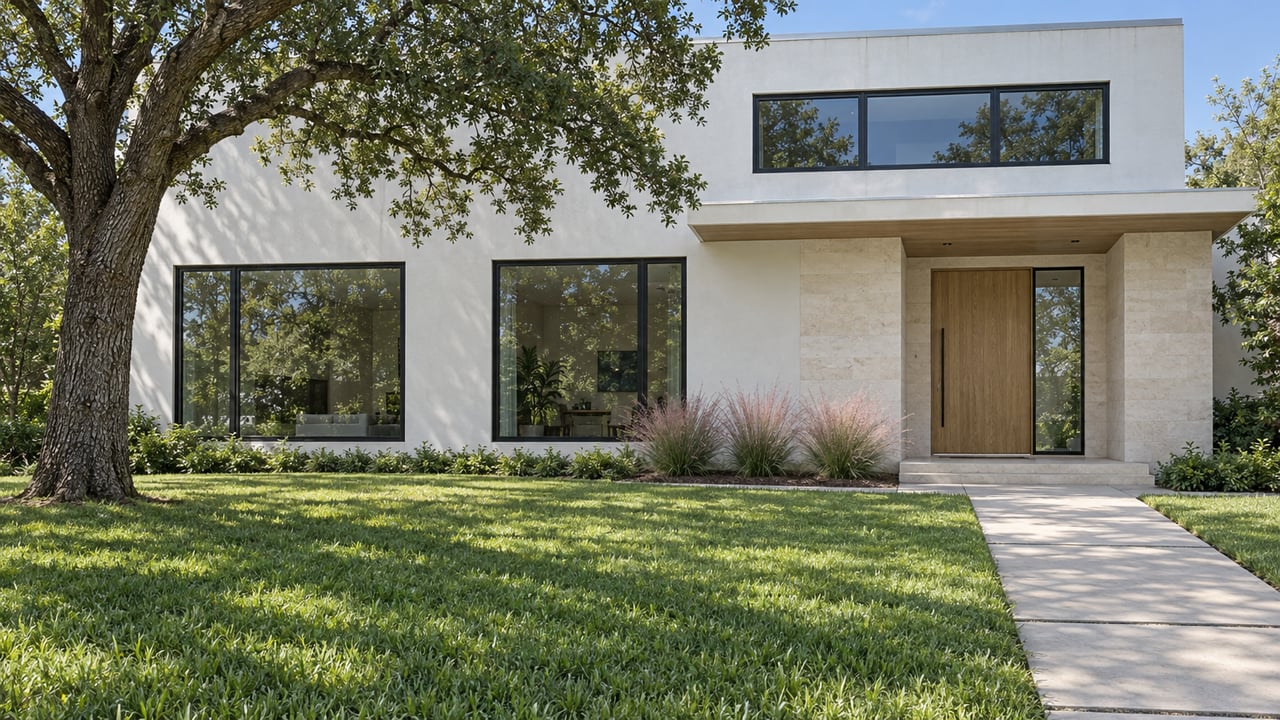 Contemporary white-stucco home beyond a deep lawn, with limestone entry, dark window frames, a spreading live oak, and pink muhly grass.