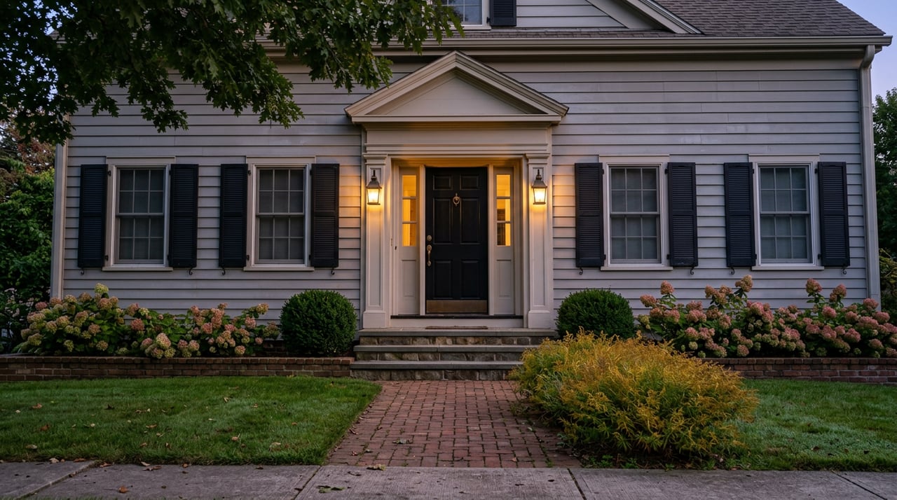 Gray clapboard home with a black door, glowing lanterns, brick walkway, and gold-tipped plants at dusk.