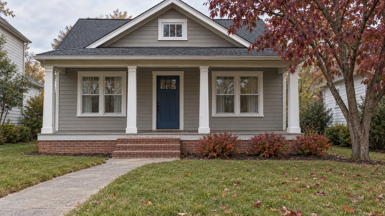 Gray clapboard home with a covered porch, brick steps and a blue front door, framed by burgundy dogwood leaves and an autumn lawn.