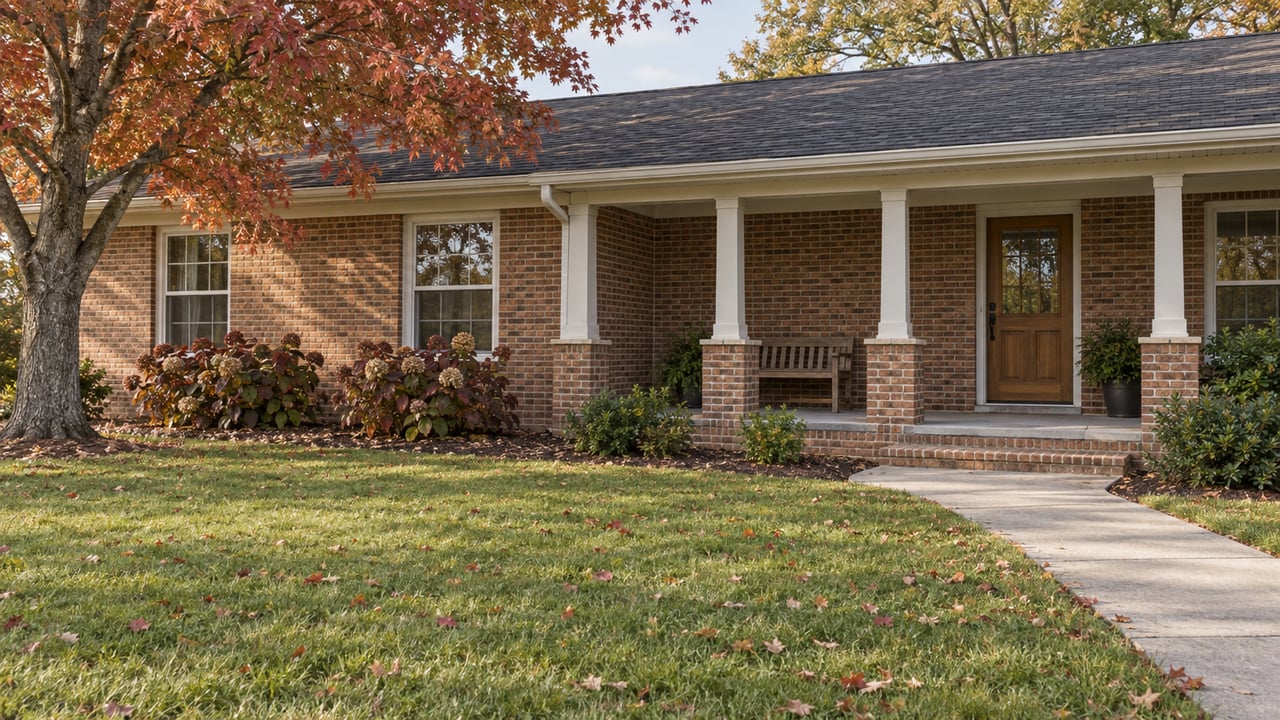 Autumn light across a broad lawn leading to a brick home with a sheltered porch and red maple.