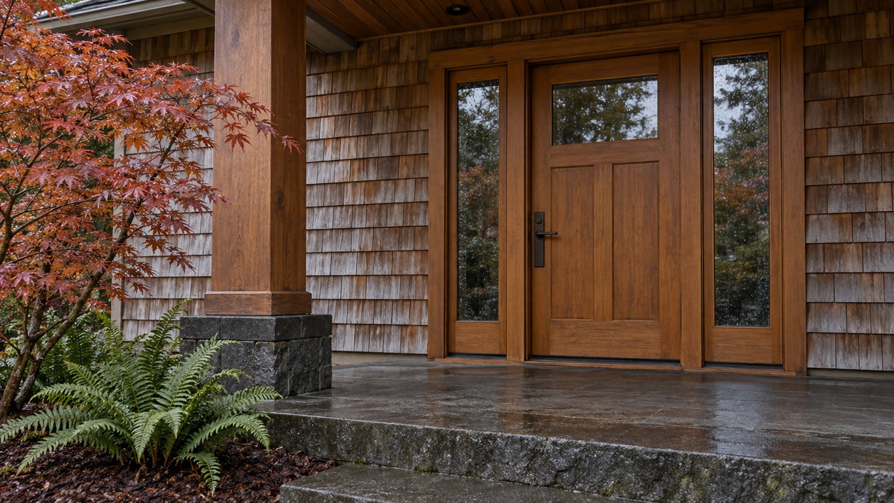 Covered cedar-shingle entry with a fir door, matching glass sidelights, basalt steps and copper-red maple leaves after rain.