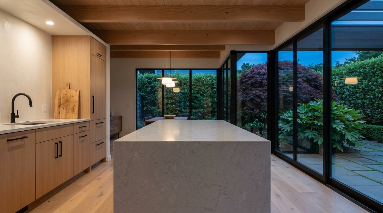 Quartz island faces oak cabinetry and steel-framed glass doors, with trees visible outside at dusk.