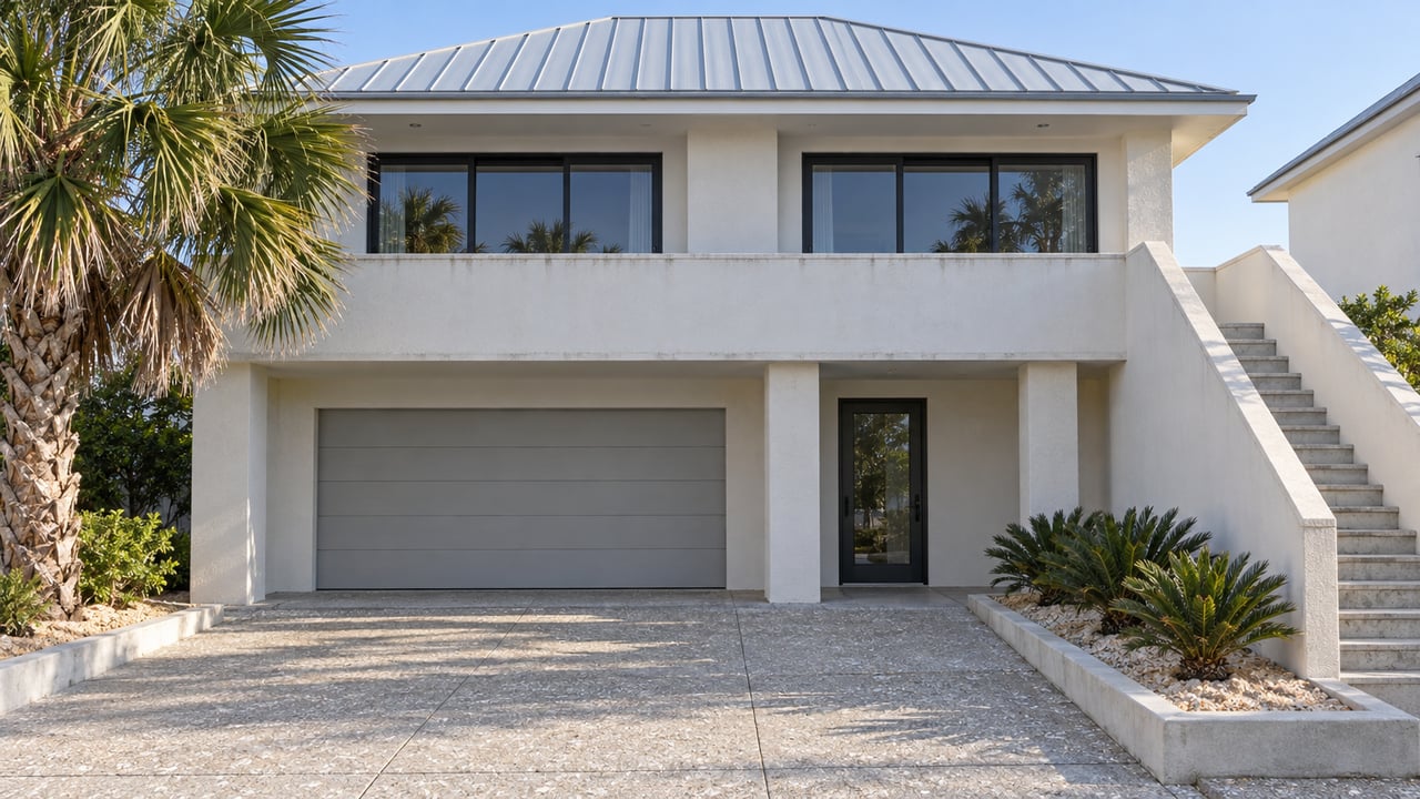 Elevated white coastal house with a gray metal roof, broad solid-parapet balcony, shell-aggregate driveway and one mature palm.