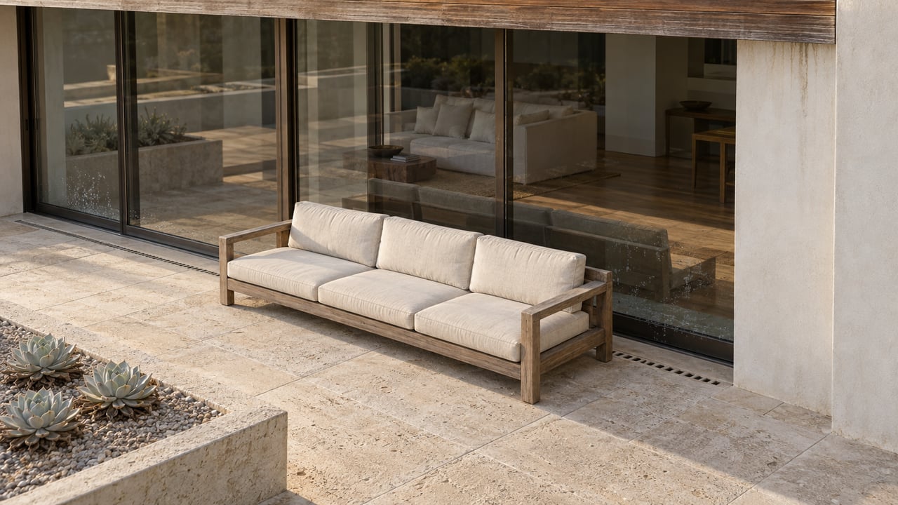 Elevated view of a limestone terrace with a weathered teak bench, closed glass doors, cedar soffit and a stone planter holding three chalky succulent rosettes.