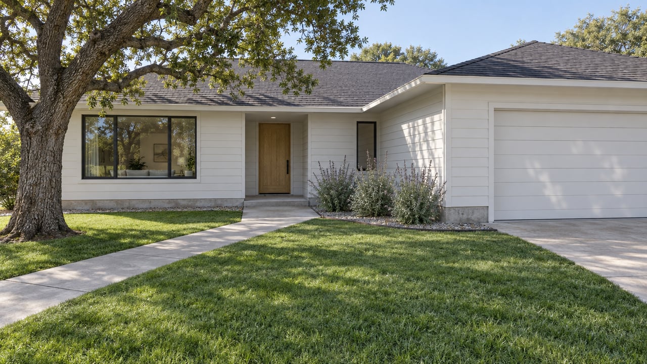 Light-sided single-story home with dark window frames, a deep lawn, concrete front walk and mature oak.