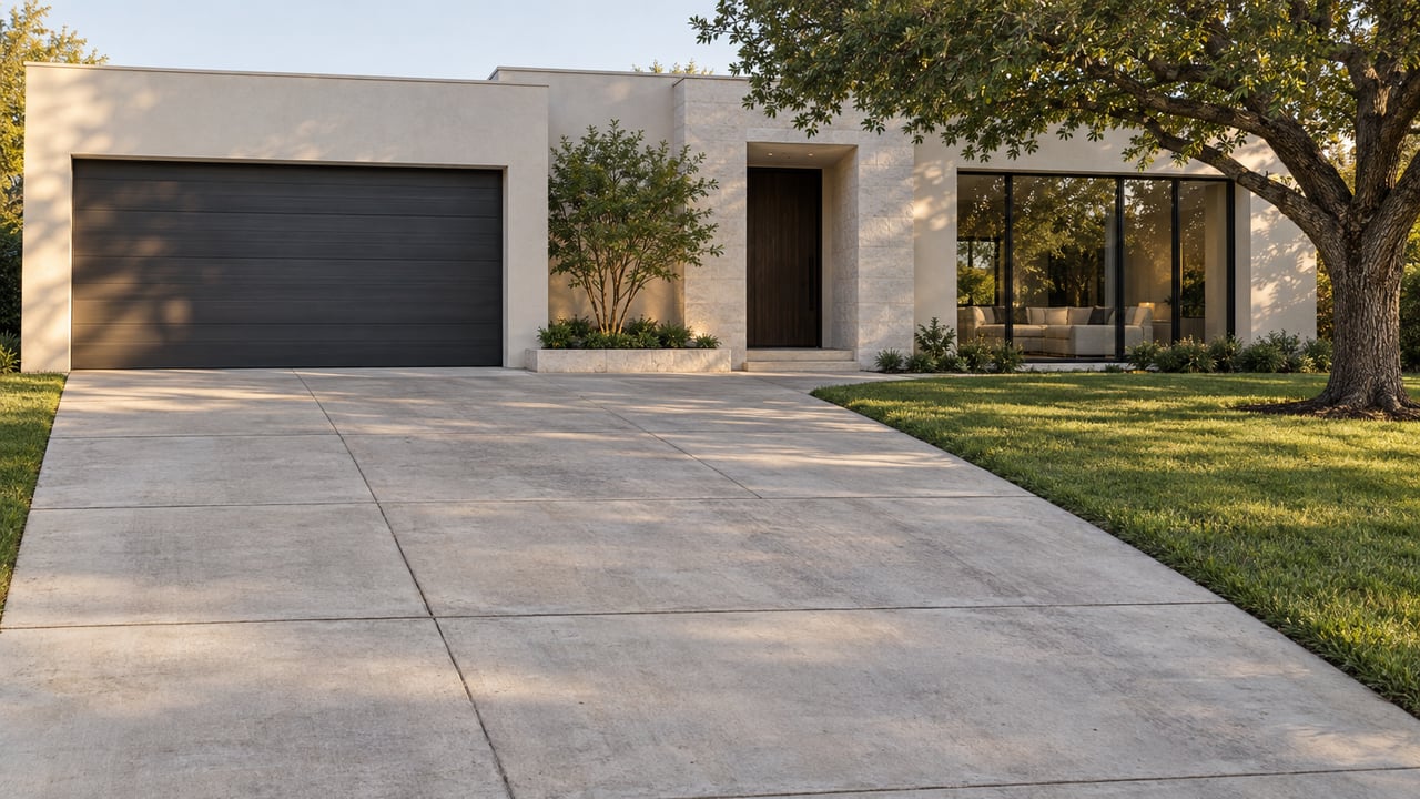 A pale concrete driveway leads to a stucco house with a charcoal garage, recessed wood entry, and tree-lined lawn.
