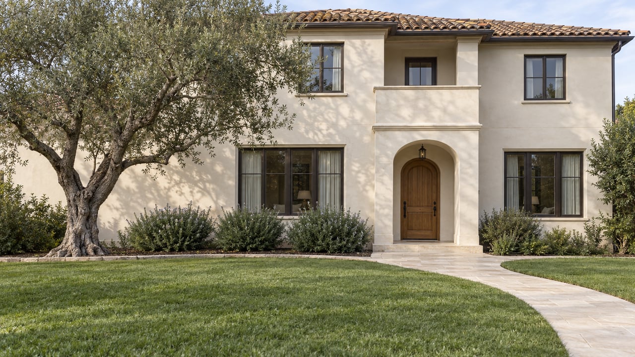 Ivory stucco home with a clay tile roof, arched oak entry, limestone walk and broad lawn beneath a sculptural olive tree.