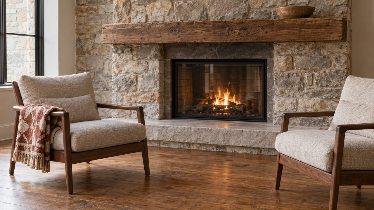 Two walnut-framed wool armchairs beside a limestone fireplace, with an oak mantel and warm wood floor.