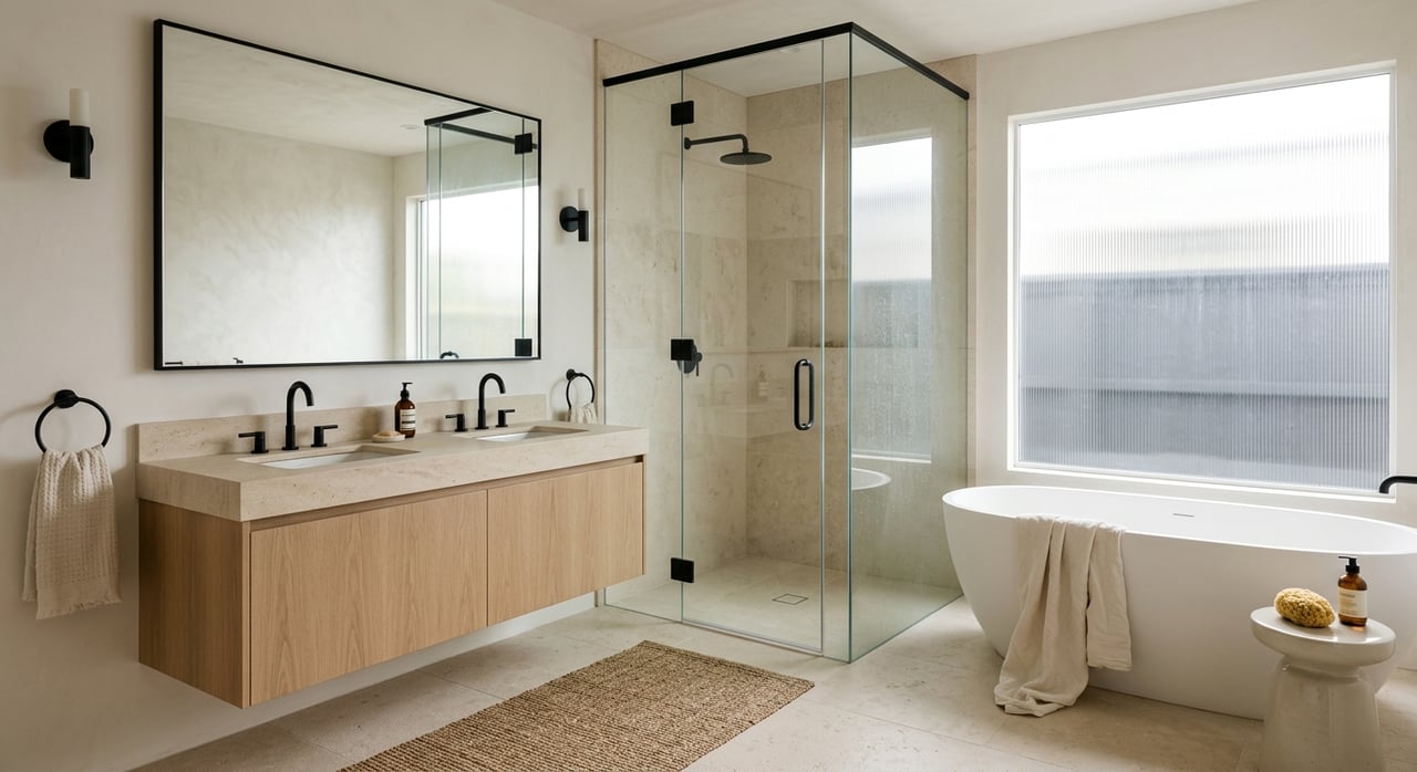 Matte white freestanding tub beside a glass walk-in shower, with limestone walls and a white orchid on the vanity.