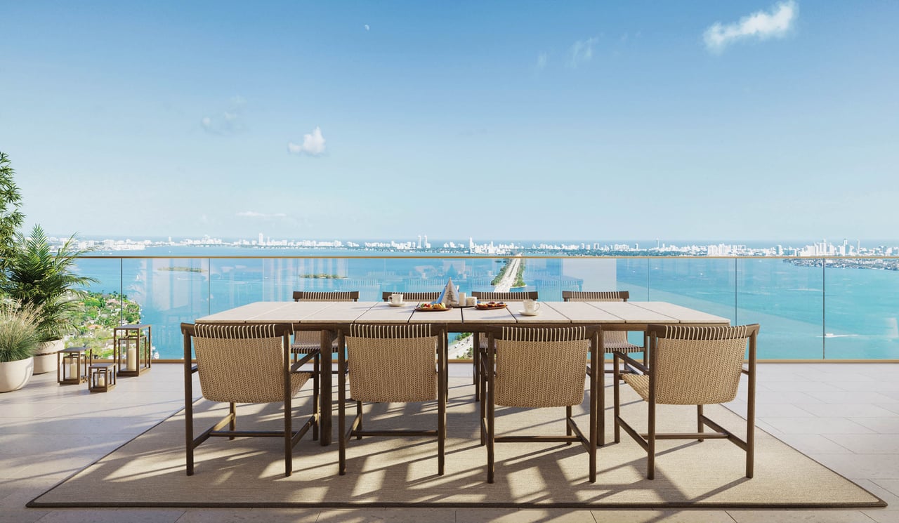Rooftop dining terrace overlooking Biscayne Bay and the Miami skyline